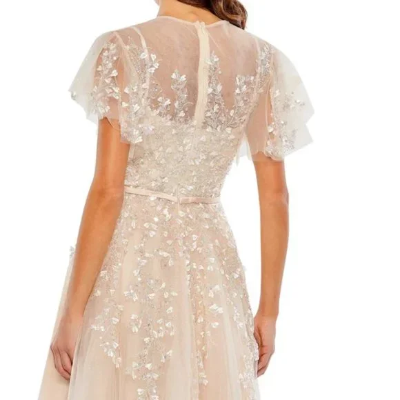 MAC DUGGAL 20362 EMBELLISHED FLUTTER SLEEVE BOW WAIST A-LINE NUDE GOWN sz 8 - Picture 4 of 6